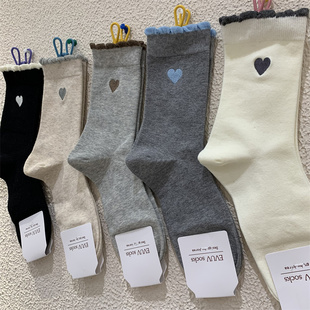 拼色木耳边袜筒女袜东大门韩版秋季新款刺绣爱心棉质透气中筒袜子