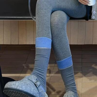 东大门撞色拼接棉质中筒堆堆袜女