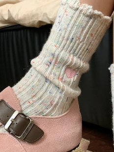 冬季新款女袜韩东大门街头网红款点子纱刺绣爱心木耳花边羊毛袜子