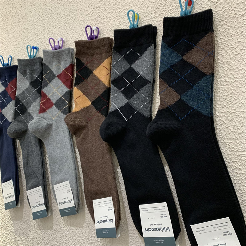 kikiyasocks韩国男袜东大门街头拼色菱形格英伦风商务长腰中筒袜