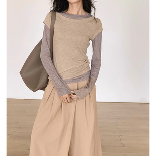 EM八月 长袖小众别致修身t恤假两件上衣女设计感2024打底衫秋装