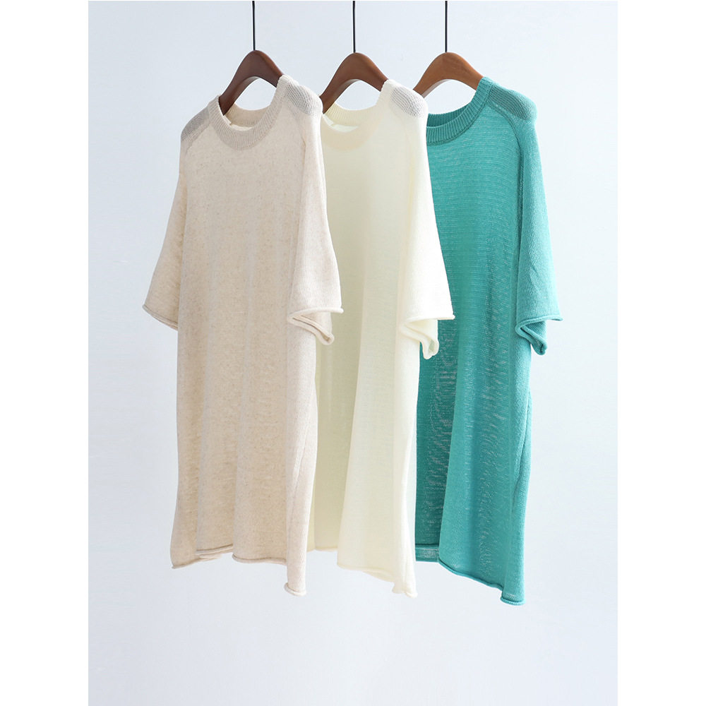 春夏新品天丝亚麻中长款针织衫短袖宽松圆领慵懒随意套头罩衫女装