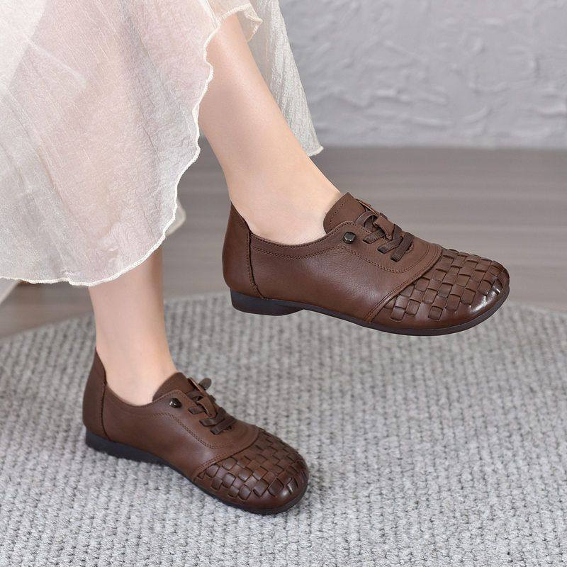 新款软底鞋平底单鞋牛皮中老年舒适妈妈女鞋2025编织复古休闲软皮,女鞋,帆布鞋,淘宝优惠券,粉丝福利购,淘宝优惠卷