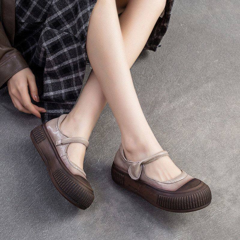 杰骤2025秋季新款头层牛皮浅口厚底舒适魔术贴女单鞋休闲时尚百搭