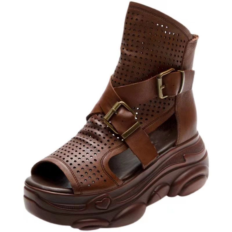 女鞋鱼嘴罗马凉鞋凉靴新款松糕鞋镂空复古夏季2025皮女真厚底高帮