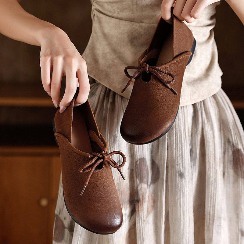 复古妈妈百搭圆头软底单鞋舒适休闲头层牛皮新款女鞋系带秋季2025,女鞋,帆布鞋,淘宝优惠券,粉丝福利购,淘宝优惠卷
