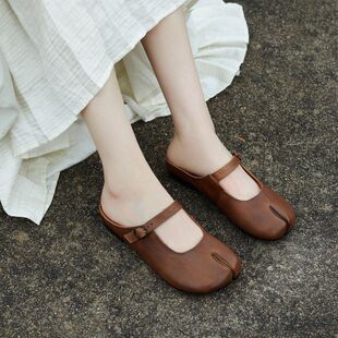 平底新款包头半拖鞋2026春款真皮英伦风分趾鞋系带复古软底女鞋