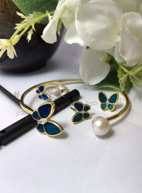 簪缨小筑孔雀羽毛仿点翠手镯戒指耳钉汉服日常精致百搭气质流行