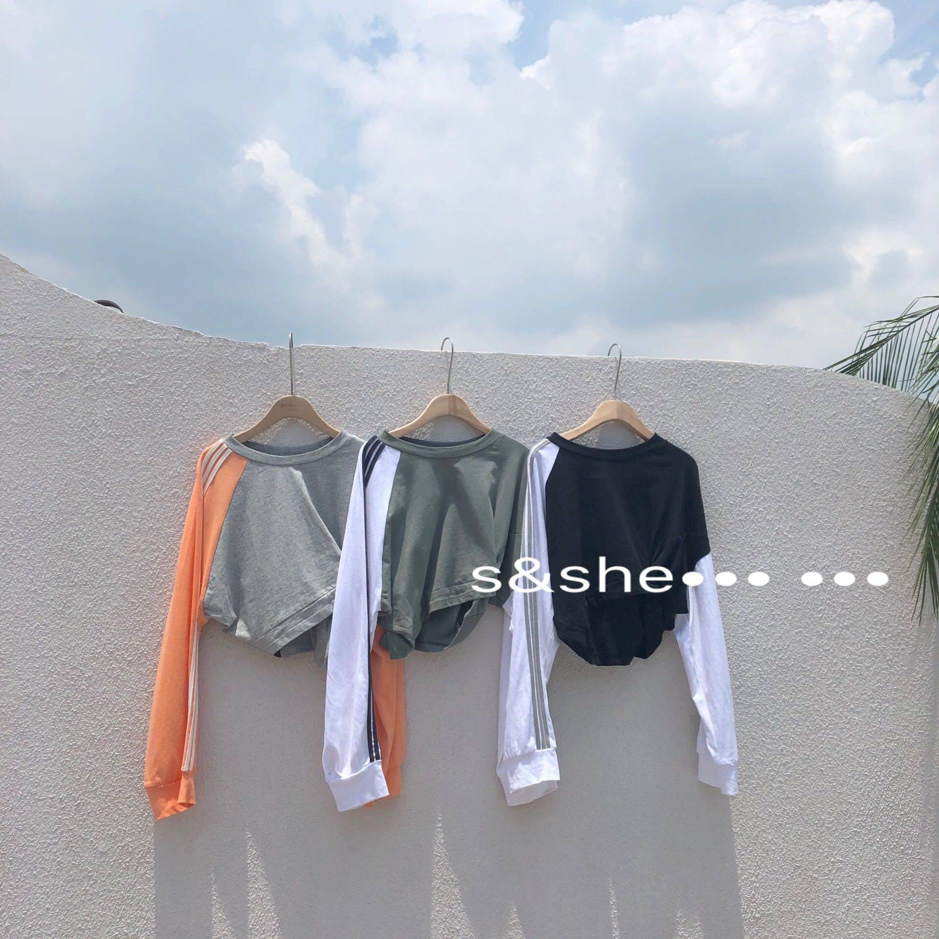 s&she新款2019秋季女装韩版宽松撞色圆领百搭短款T恤街头潮流女