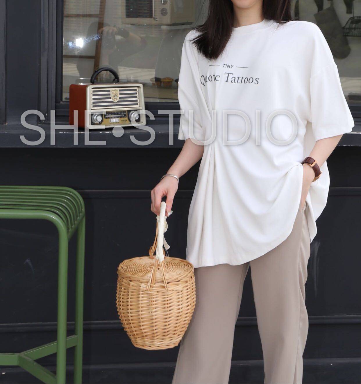 s&she/2020春季新款韩版小心机设计印花简约纯色宽松套头T恤女