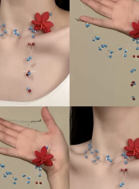 米珠玻璃珠红色花朵颈链新款甜美