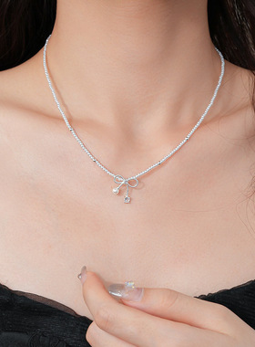 珍珠锆石蝴蝶结吊坠项链简约时尚