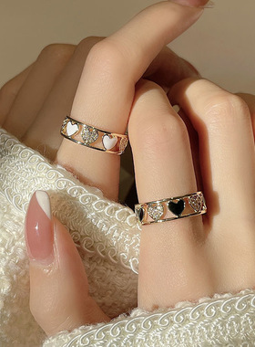 爱心微镶日系戒指女ins潮轻奢小众设计食指戒开口可调节指环新款