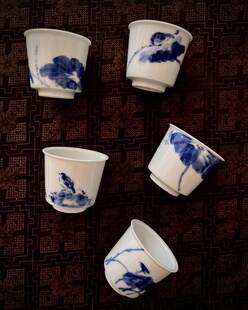 见欢集 青花手绘大写意花鸟荷花葫芦纹岩茶主人杯小杯品杯茶礼