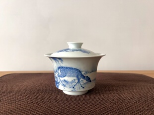 见欢集 青花明式山水柳树小鹿马蹄岩茶盖碗 高端茶器 文人画