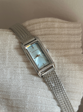 DUCKNICLE 浪漫蓝色细长方形手表女金属麦穗带轻奢精致显白石英表