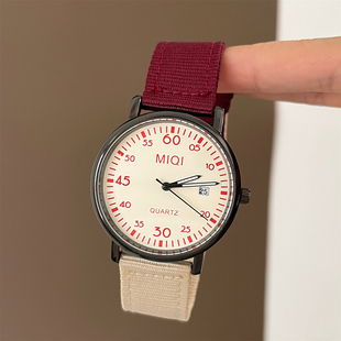 MIQI 不撞色帆布圆盘数字手表女显白气质小众精致复古学生通勤表