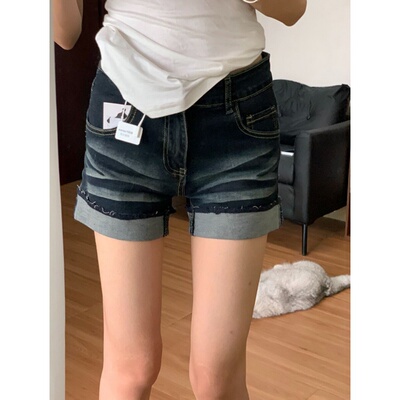 美式牛仔短裤女2026年夏季高腰辣妹性感翻边直筒裤子显瘦a字热裤