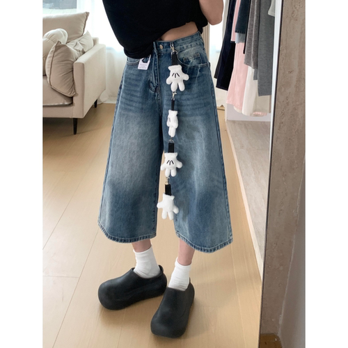 美式复古七分牛仔短裤女夏季薄款2026新款高腰宽松百搭直筒阔腿裤