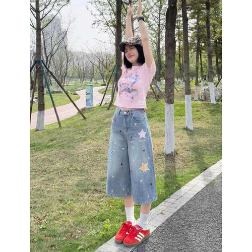 美式复古星星贴布满印七分裤女夏季小个子宽松显瘦阔腿百搭短裤子