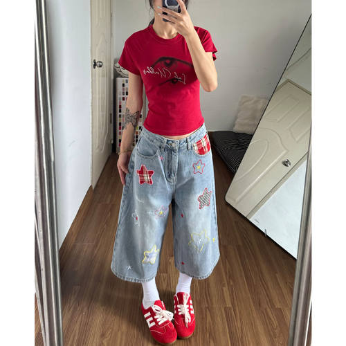 美式星星贴布满印七分牛仔裤女夏季宽松显瘦直筒短裤休闲阔腿裤子