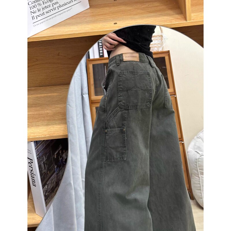 军绿色阔腿工装微喇牛仔裤女夏季新款美式低腰宽松显瘦垂感拖地裤图片