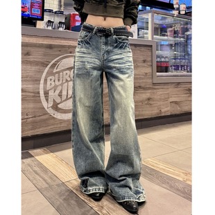 美式复古辣妹水洗做旧阔腿牛仔裤女秋季高腰宽松显瘦百搭拖地长裤