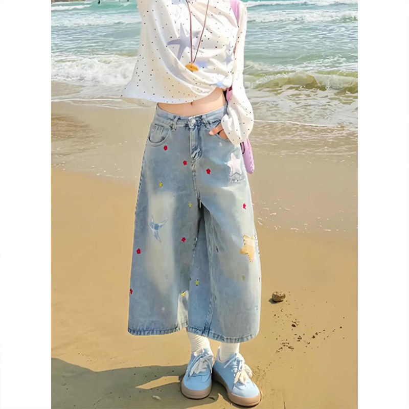 美式星星贴布印花牛仔七分裤女春夏季宽松显瘦直筒短裤休闲阔腿裤