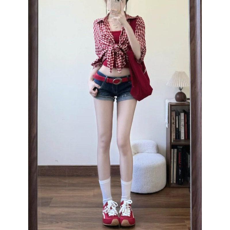 美式卷边牛仔超短裤女夏季新款低腰修身显瘦弹力辣妹紧身包臀热裤图片
