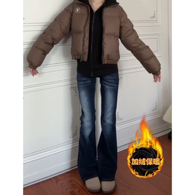 美式复古低腰辣妹加绒微喇叭牛仔裤女秋冬新款弹力修身显瘦马蹄裤