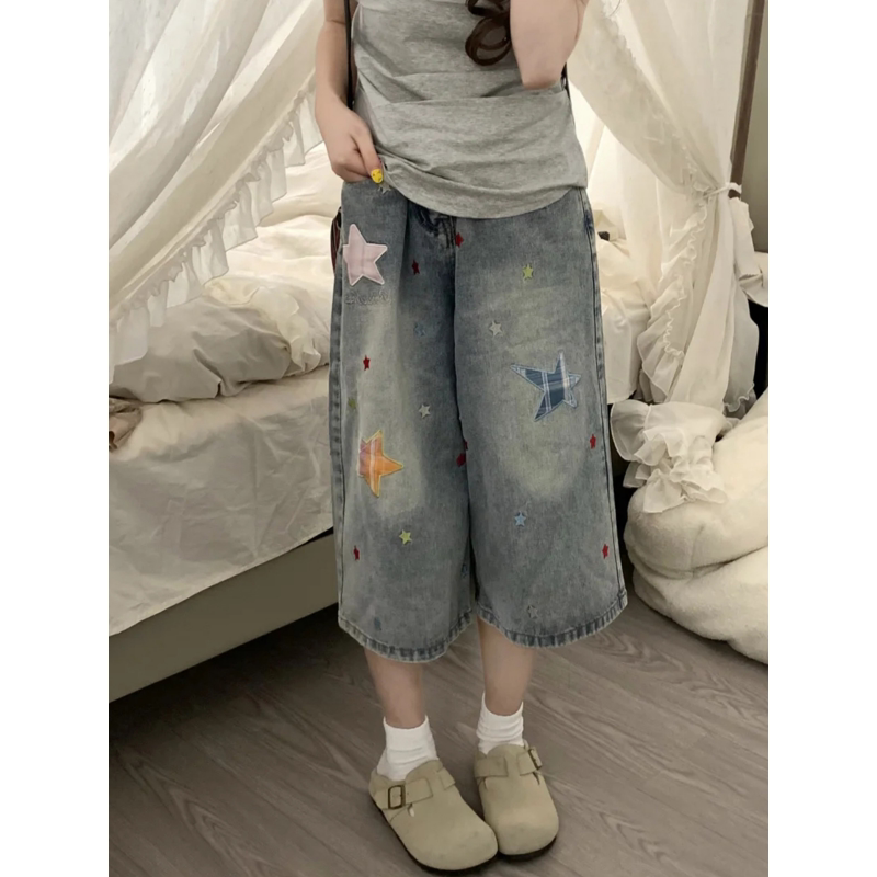 美式复古星星贴布牛仔短裤女夏季直筒中裤宽松显瘦百搭阔腿七分裤