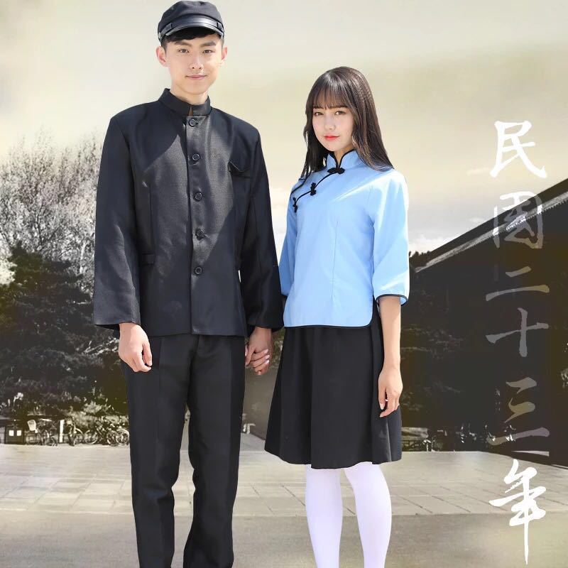 民国服蓝棉布中山装学生装演出服女中山装男复古毕业照剧本杀服装