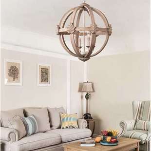 美式乡村出口实木做旧球型吊灯卧室客厅餐厅服装店民宿装饰灯具