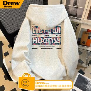 宽松复古加绒休闲情侣衫 Drew美式 潮牌设计感印花连帽卫衣男女秋季