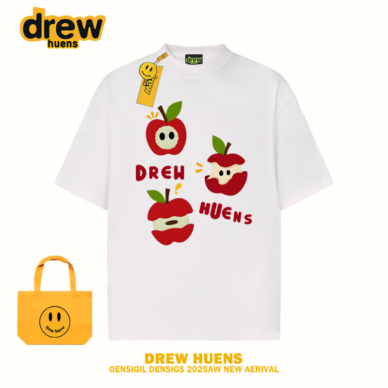 Drew夏季卡通苹果印花纯棉短袖上衣可爱学院风宽松情侣圆领T恤潮