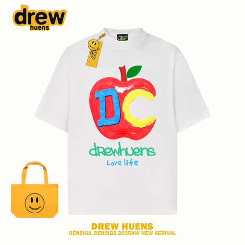 Drew抽象苹果字母图案印花T恤潮