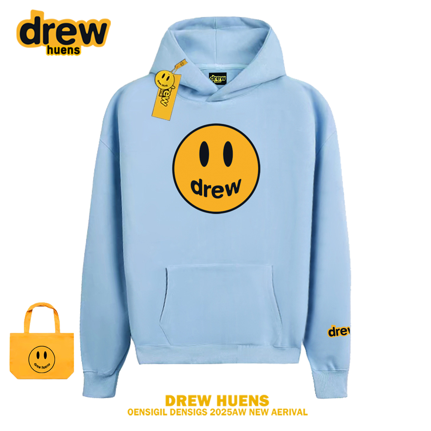 Drew美式笑脸印花连帽卫衣男女