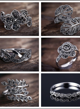 复古时尚冷淡风花藤泰银戒指男女编织树叶做旧蓝砂石指环尾戒小众