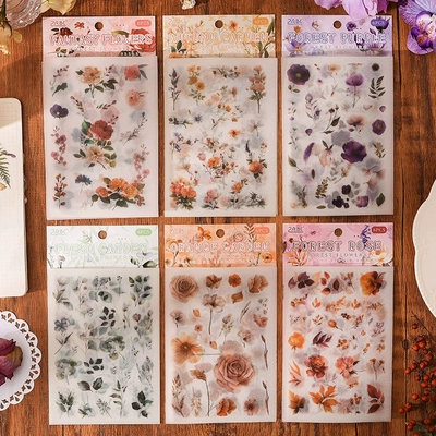 草花歌谣硫酸纸防水pet贴纸diy手账日记贴画跨境植物花朵叶子贴纸