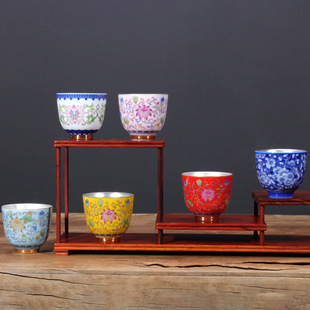 银口杯纯银茶具 999纯银杯茶杯功夫珐琅彩鎏银杯子包银内胆主人