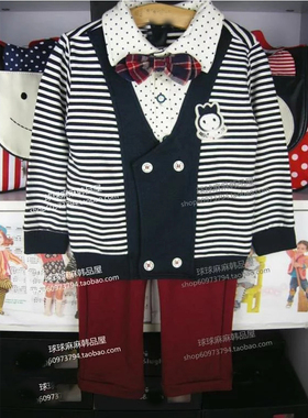 韩版春秋男童绅士领结开衫长袖T恤外套宝宝红色长裤礼服套装