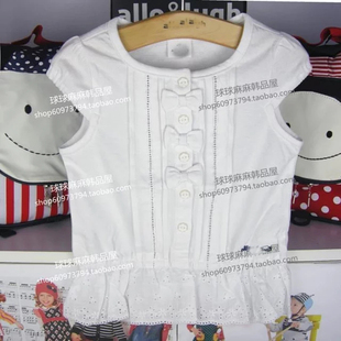 纯棉白色百搭T恤衬衫 特价 女童短袖 夏季 宝宝镂空蝴蝶结上衣 原韩版