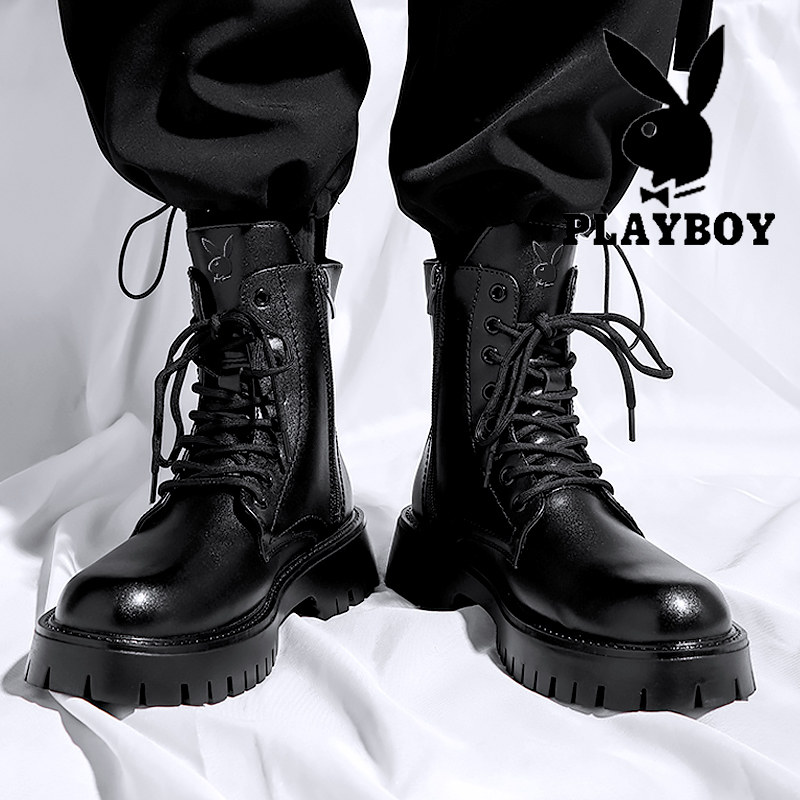 PLAYBOY BOOTS MENS 2025 NEW SPRING AND AUTUMN BLACK MARTIN BOOTS BRITISH AUTUMN AND WINTER COTTON BOOTS CARGO HIGH-TOP SHOES