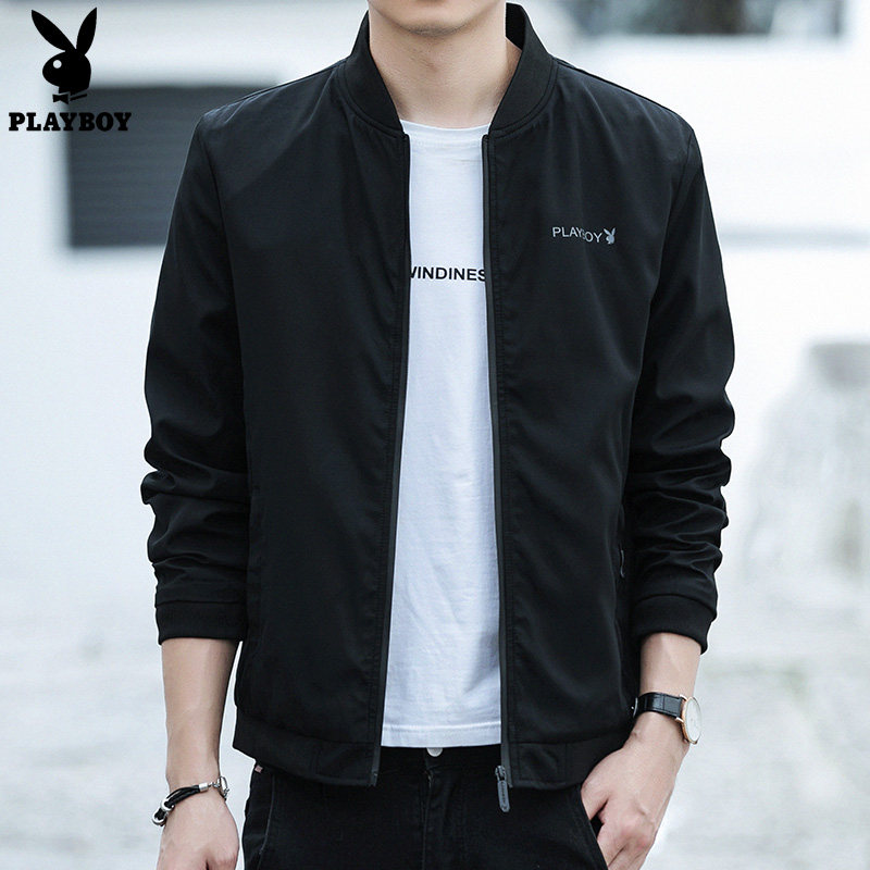 花花公子夹克2020秋季新款男士时尚纯色上衣青年潮流黑色外套男装