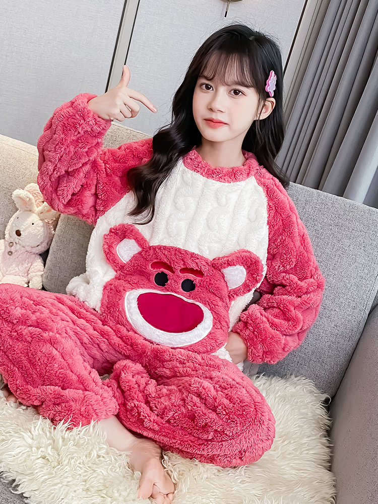 女童可爱睡衣加厚保暖法兰绒暖暖套装秋冬新款小女孩珊瑚绒家居服