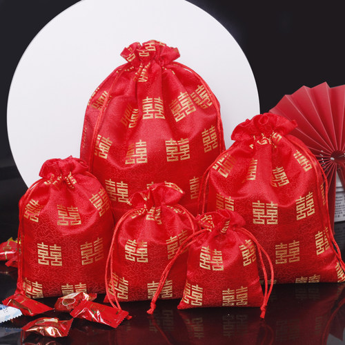 红色织锦缎喜糖袋中国风