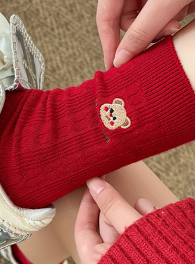 可爱新年袜子大红色女款初中生本命年袜子花边蝴蝶结纯棉中筒袜