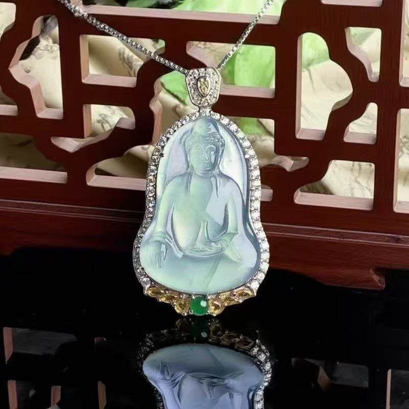 天然翡翠A货冰种蓝晴玉观音小吊危地马拉翡翠