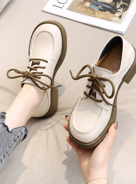 小香风小皮鞋女2024春平底真皮单鞋小码34软底系带大码42乐福鞋女