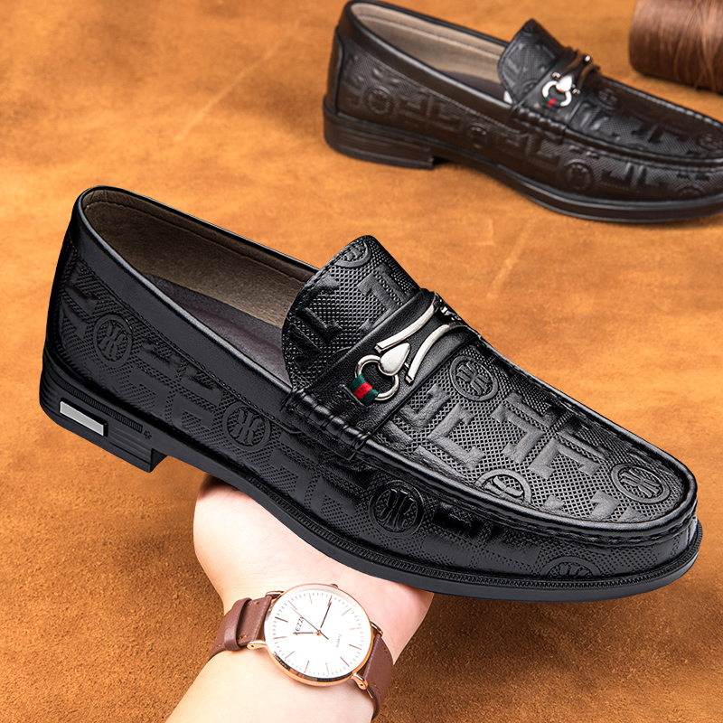 休闲皮鞋男真皮透气软底豆豆鞋